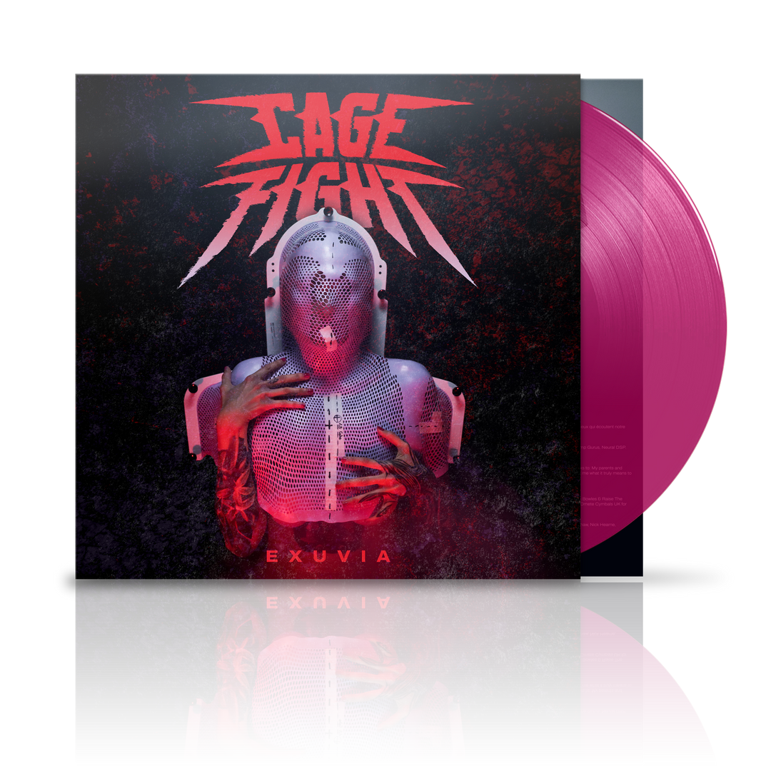 Exuvia by Cage Fight album cover shows a figure in medieval armor clutching their chest, with a bold band logo over a dark background and red accents. The Exuvia Magenta Vinyl is partly shown—ideal for any Album presale.
