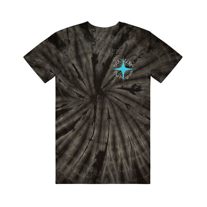 Black and gray tie-dye T-shirt by BRKN Love featuring a small circular IMPAK LOVE THE MOVEMENT logo and a blue star on the left chest, displayed against a plain white background.
