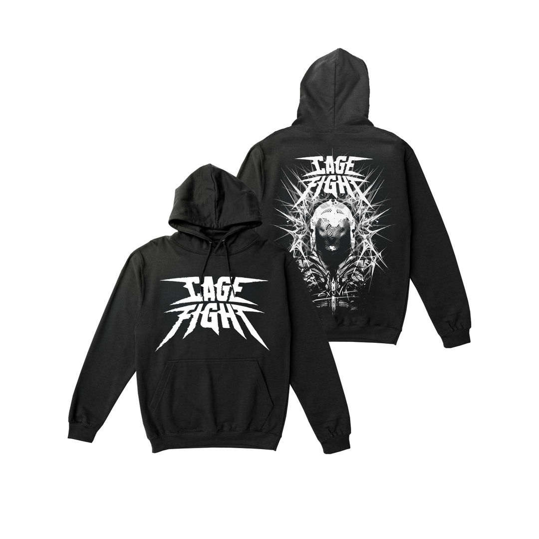 Cage Fight black hoodie with "CAGE FIGHT" in bold white on the front. The back shows the same text above a dog's head, surrounded by a spiked, shattered glass design.