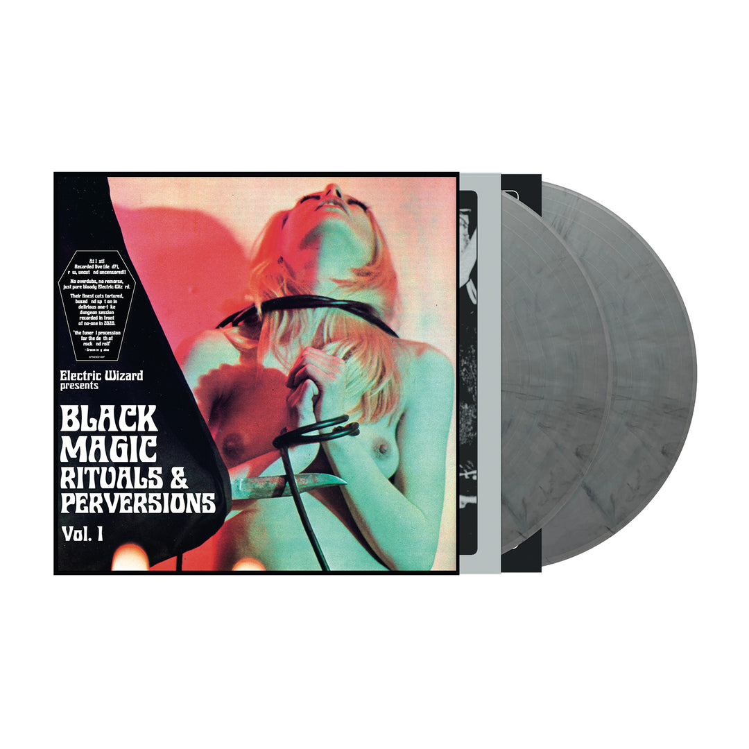 Electric Wizard album cover for Black Magic Rituals & Perversions Vol. 1 features a topless figure in colored light with bound arms and marbled vinyl records—Funeralopolis and Dopethrone—hinted at, capturing the dark vibe of Witchcult Today.
