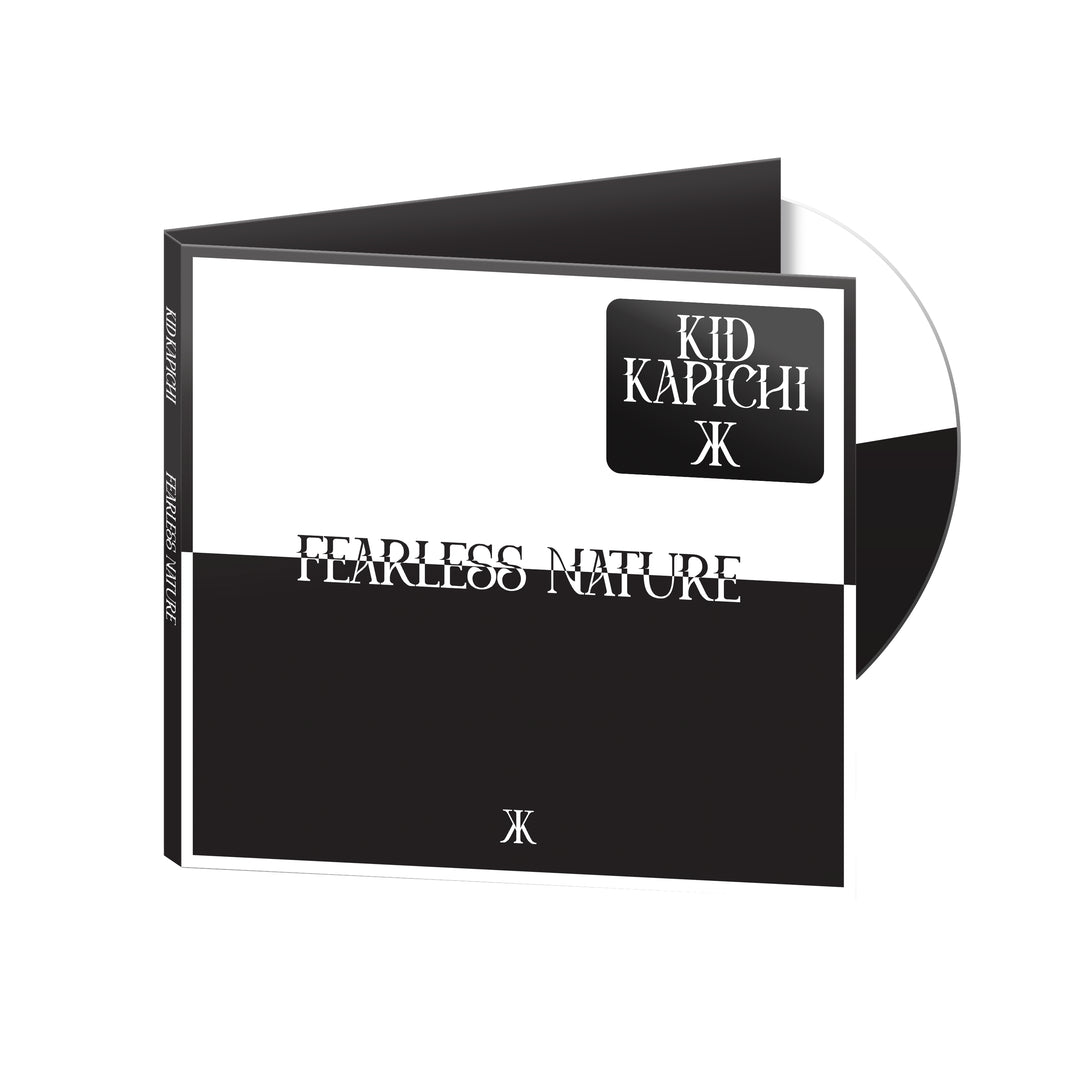A CD case titled "FEARLESS NATURE" by Kid Kapichi, featuring a black-and-white minimalist design with the KK logo and a glimpse of the track "Dark Days Are Coming." The CD is partially visible inside.
