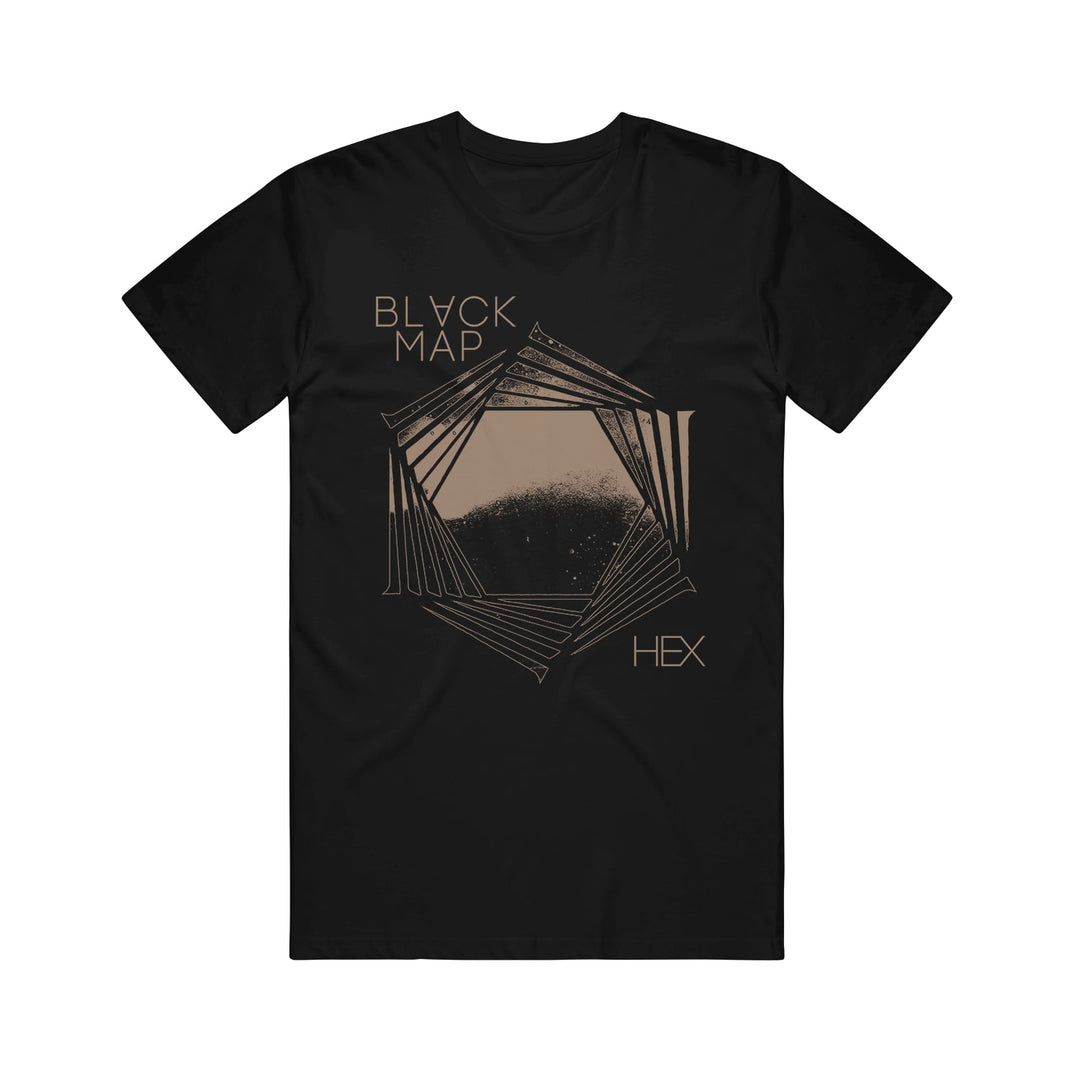 Black Map black t-shirt with a central geometric hexagon and line design, gold BLACK MAP at top left and HEX at bottom right.