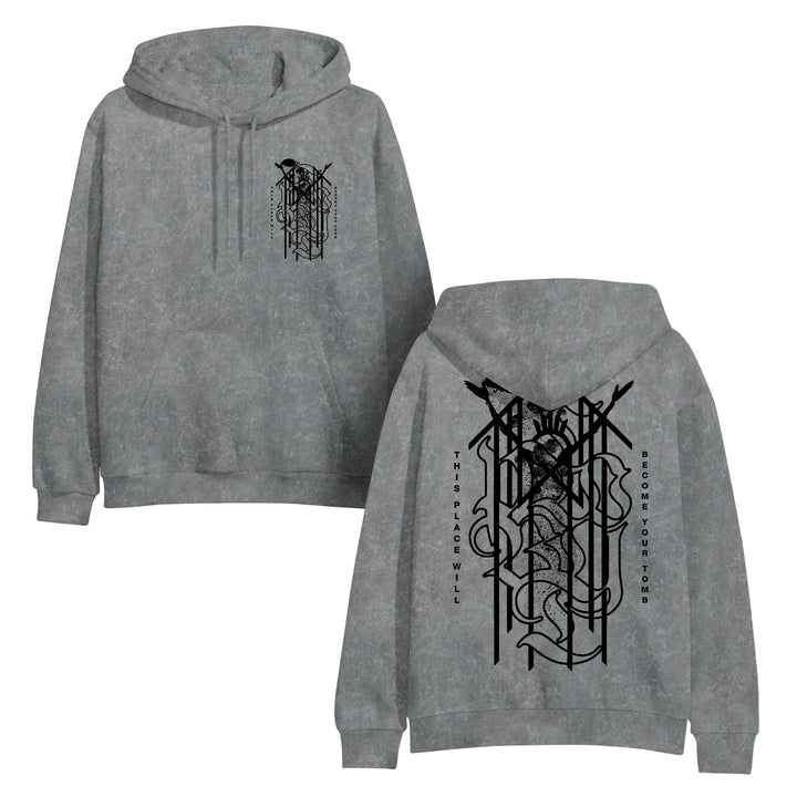 Two gray Sleep Token pullover hoodies in a classic fit, featuring black abstract gothic graphics on the chest and back. The Colortone Mineral Wash Hoodie shows vertical text: THIS PLACE WILL BECOME YOUR TOMB.