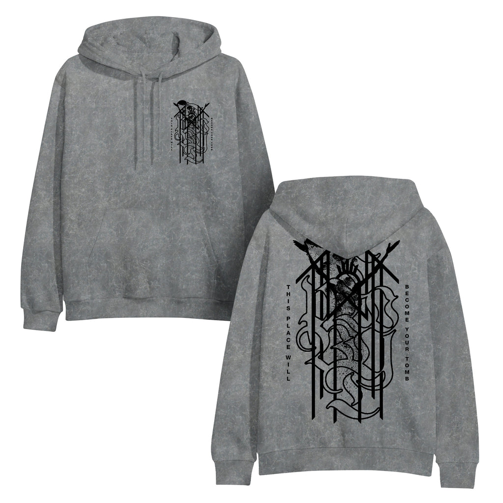 【YOURNUS】Haunted Washing Over Hoodie This Place Will Become Your Tomb - Grey Mineral Wash
