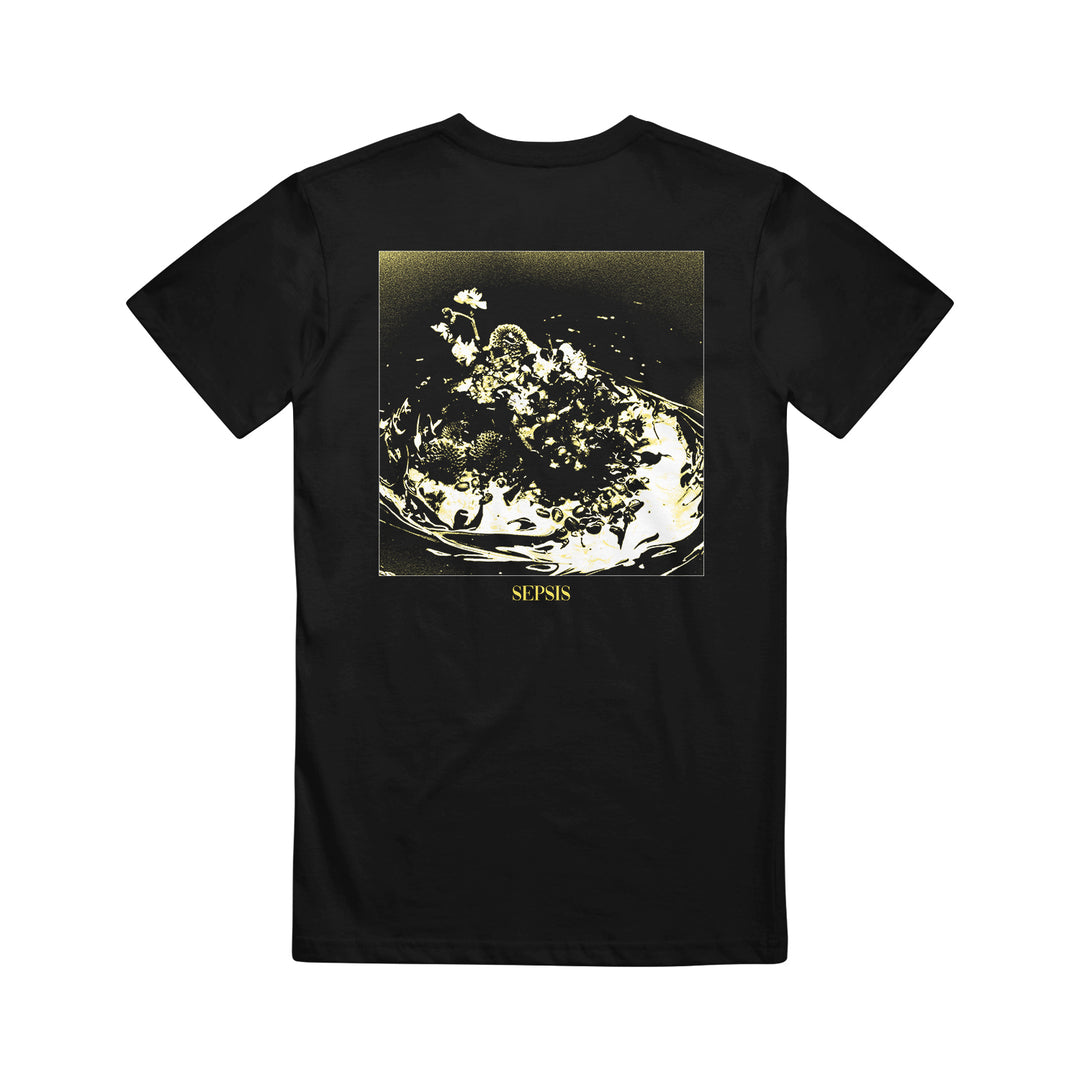 A black Gore T-shirt with a yellow-toned abstract splashing water image on the back and SEPSIS printed in small yellow letters underneath.