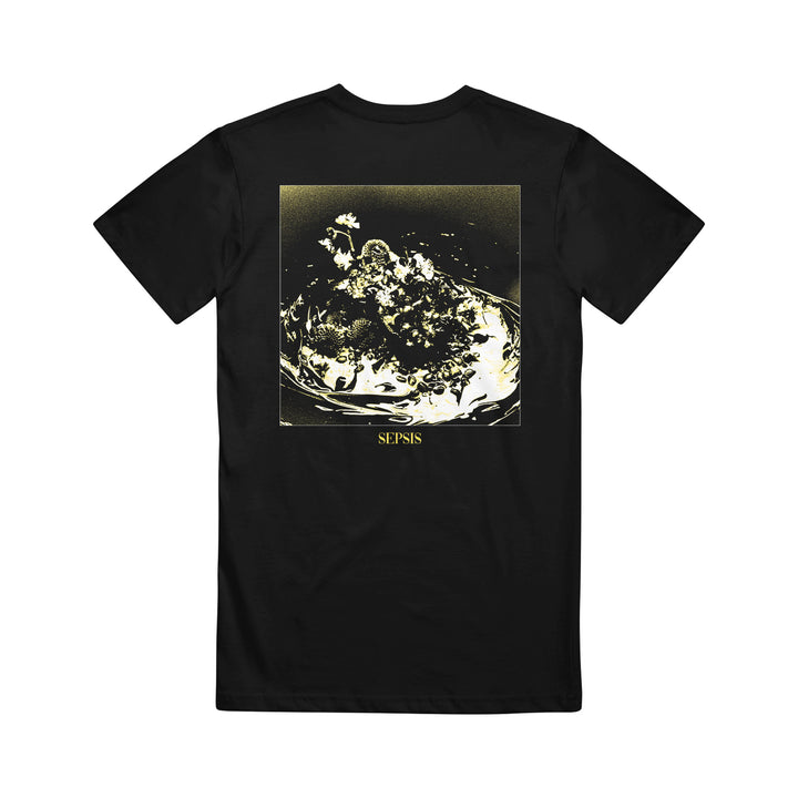 A black Gore T-shirt with a yellow-toned abstract splashing water image on the back and SEPSIS printed in small yellow letters underneath.
