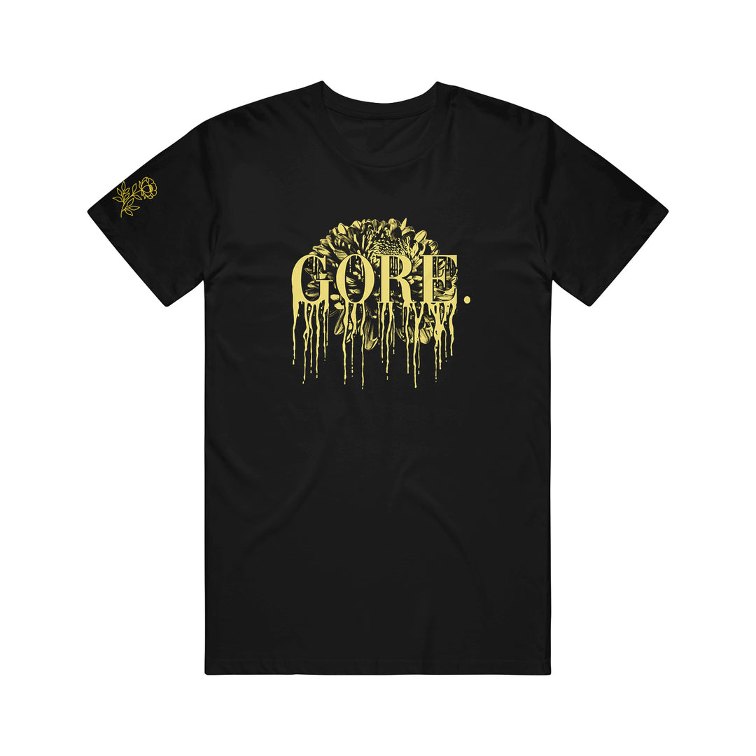 Black Gore. t-shirt with large, gold, dripping GORE. lettering and a detailed gold design above it; small gold graphic on the right sleeve.