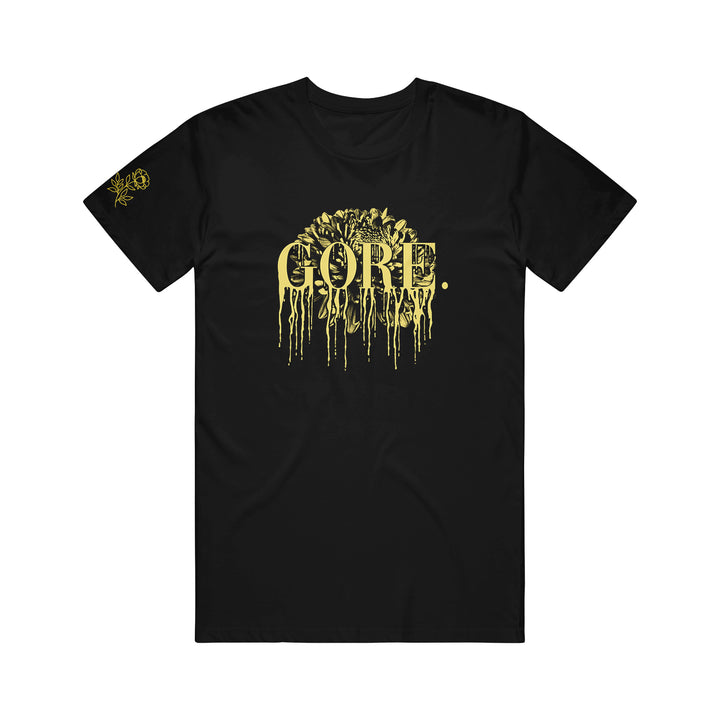 Black Gore. t-shirt with large, gold, dripping GORE. lettering and a detailed gold design above it; small gold graphic on the right sleeve.