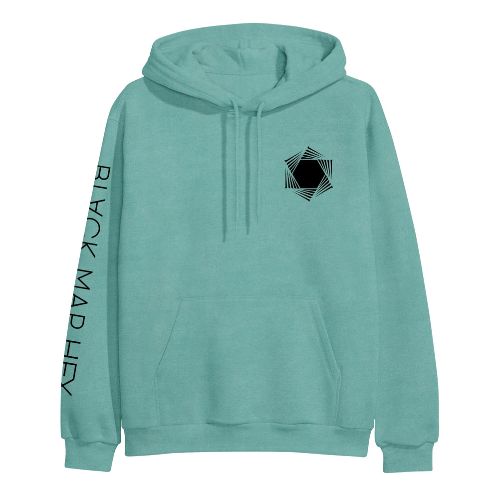 A teal hooded sweatshirt from Black Map featuring a black geometric design on the left chest, BLACK MARHEY printed vertically in black on the right sleeve, a front pocket, and drawstrings.