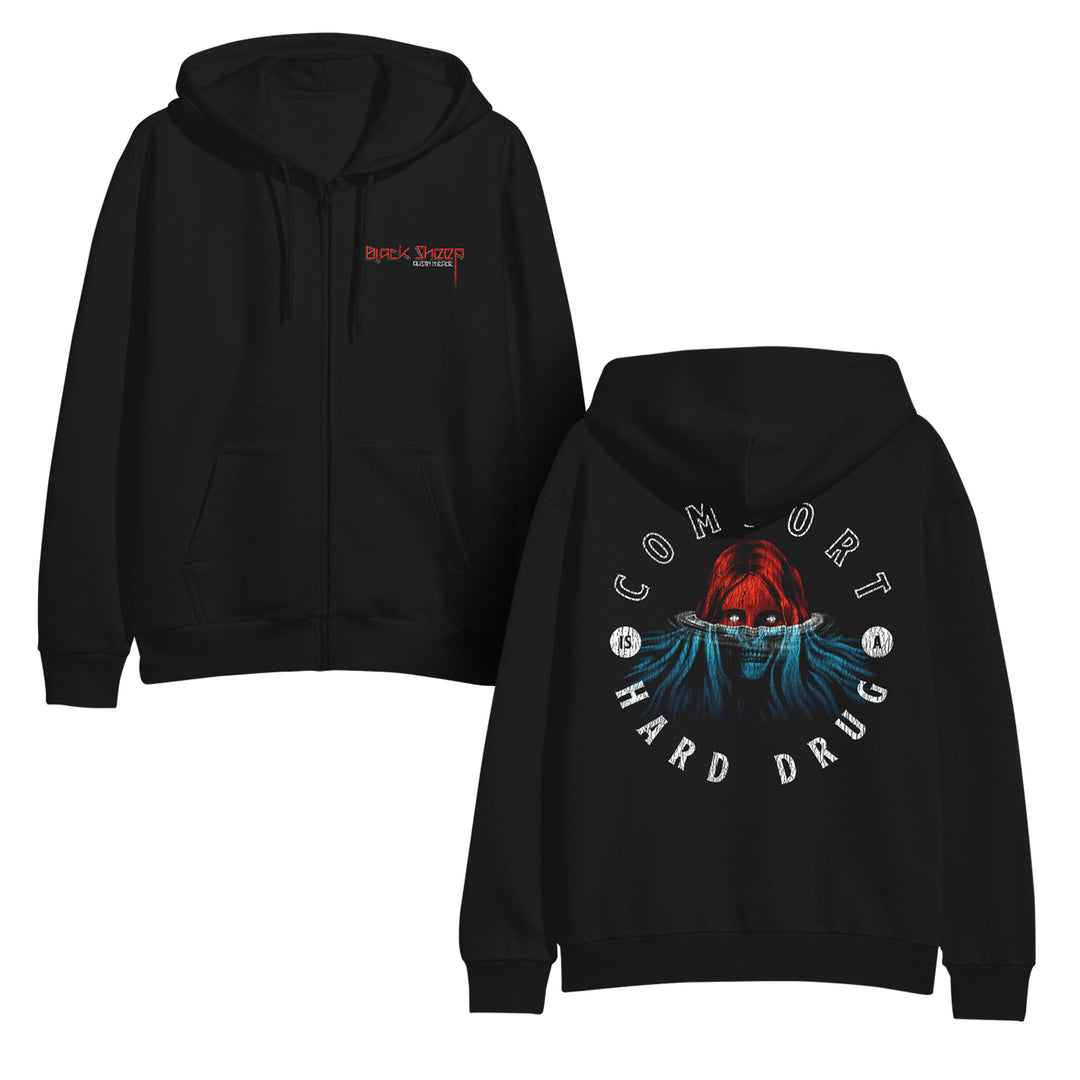 Black zip up hoodie with graphic designs on front and back on a white background