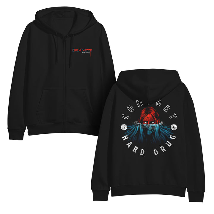 Black zip up hoodie with graphic designs on front and back on a white background