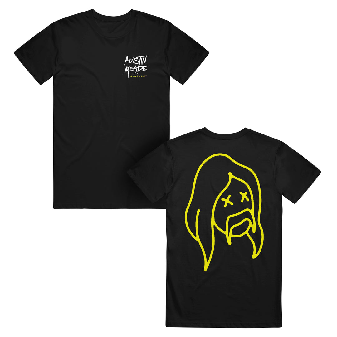 Austin Meade black t-shirt features text on the front left chest and a bold yellow line drawing of a long-haired face with X eyes and open mouth on the back. Made from Gildan Heavy Cotton for a classic fit.