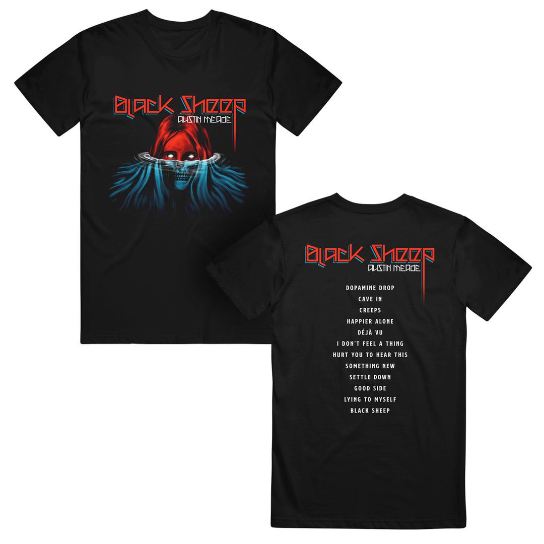 Black t-shirt with graphic design and text on front and back, featuring 'Black Sheep' branding.