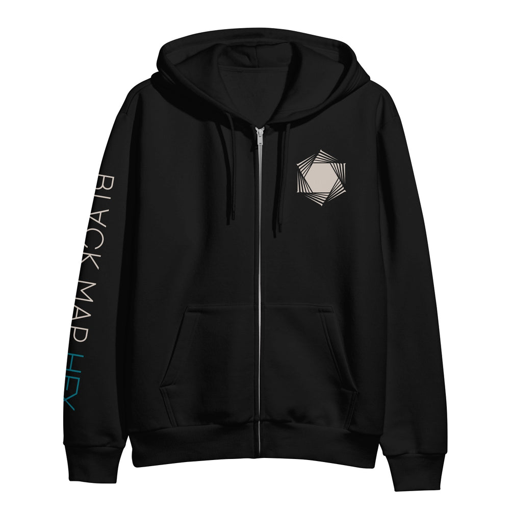 Black Map zip-up hoodie featuring a white geometric hexagon on the left chest and BLACK MAP HEX printed vertically in white and blue on the right sleeve. Includes drawstring hood and front pockets.