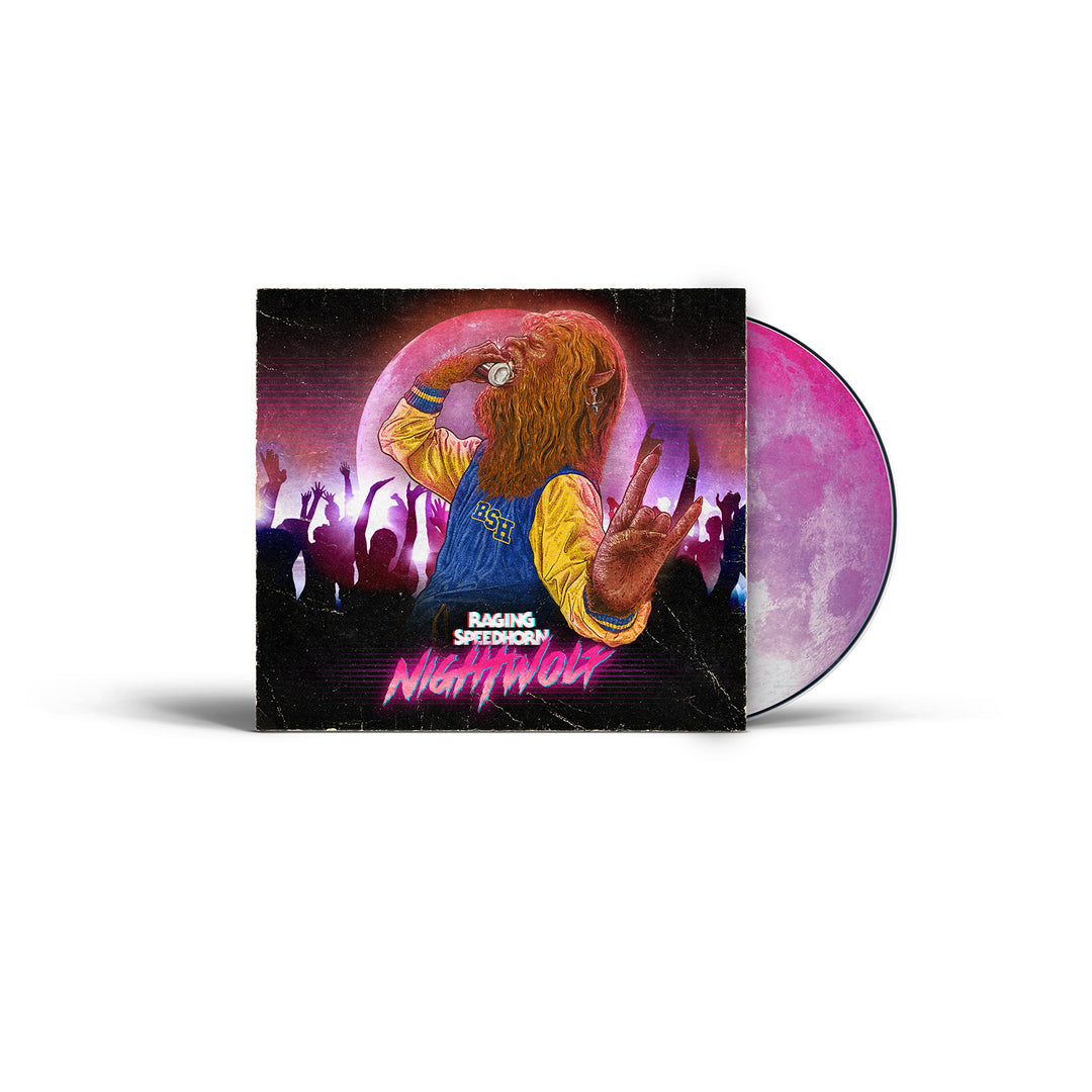 CD cover art featuring a cartoonish wolf character with a guitar, with a vibrant pink and purple background.