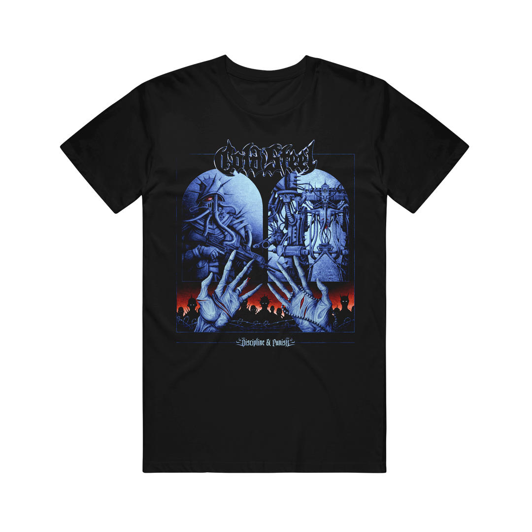Black Cold Steel Gildan t-shirt with a gothic fantasy illustration: two large hands reaching up, intricate structures above, dark silhouettes below, blue and red printed design, and stylized text at the top and bottom.