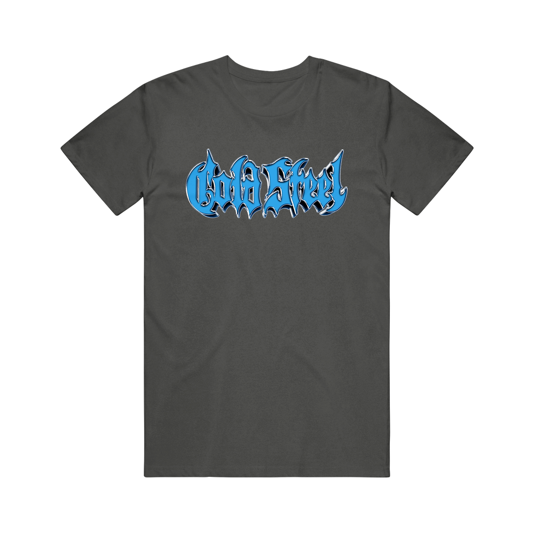 A dark gray Cold Steel Comfort Colors printed t-shirt with "Cold Steel" in jagged blue lettering across the chest, shown on a plain white background.