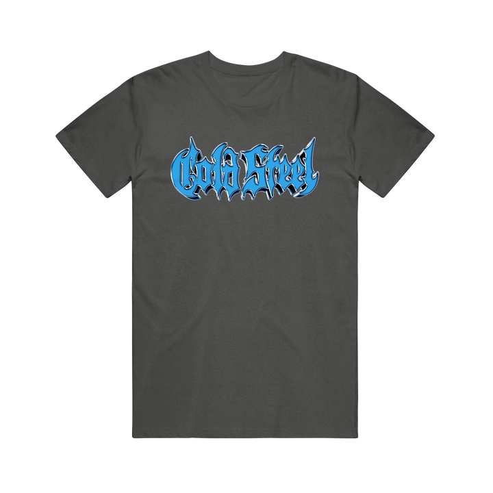 A dark gray Cold Steel Comfort Colors printed t-shirt with "Cold Steel" in jagged blue lettering across the chest, shown on a plain white background.