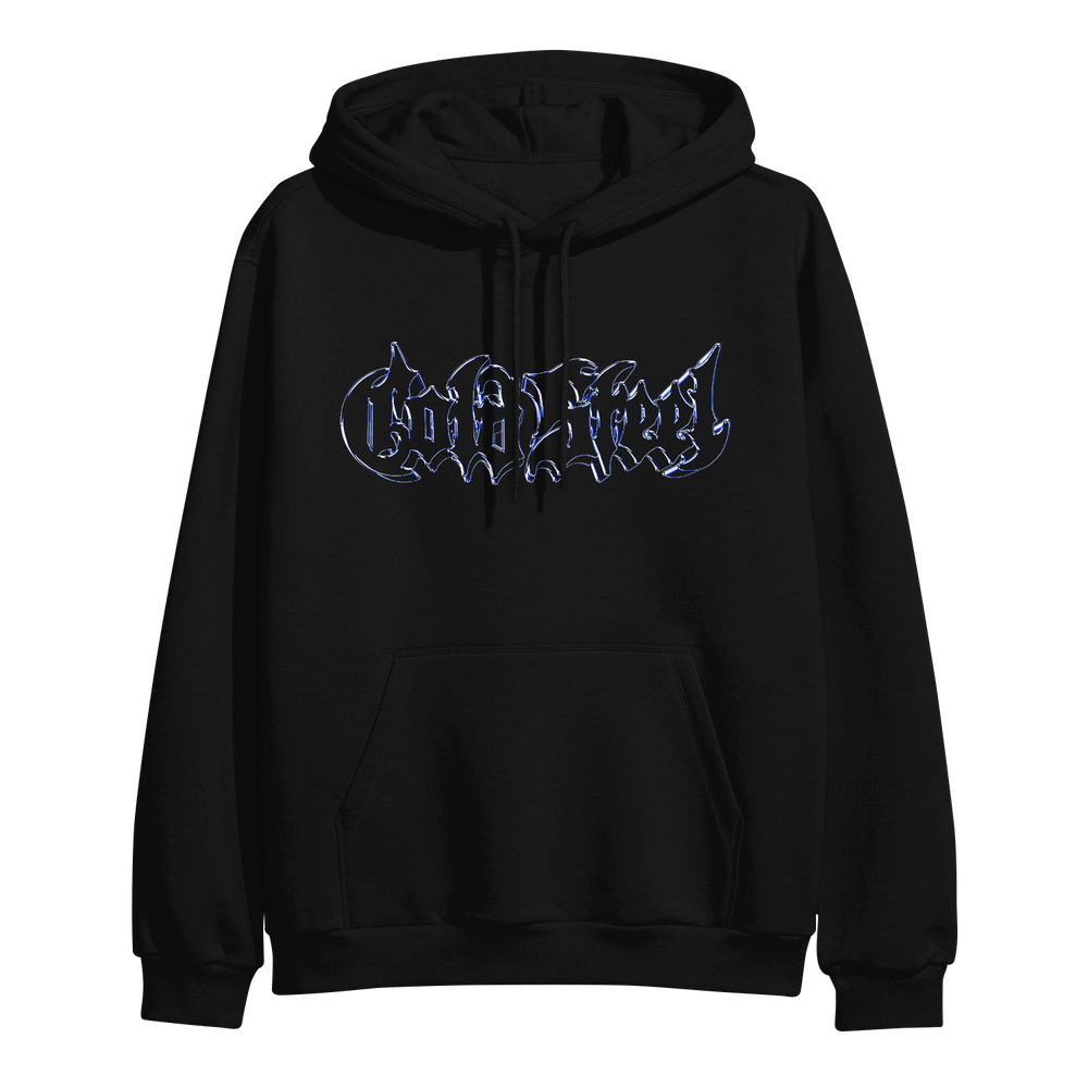 A black midweight pullover hoodie by Cold Steel with a front pocket, featuring sharp icy blue "Cold Steel" lettering on the chest. Quality print on Independent Trading Company apparel.