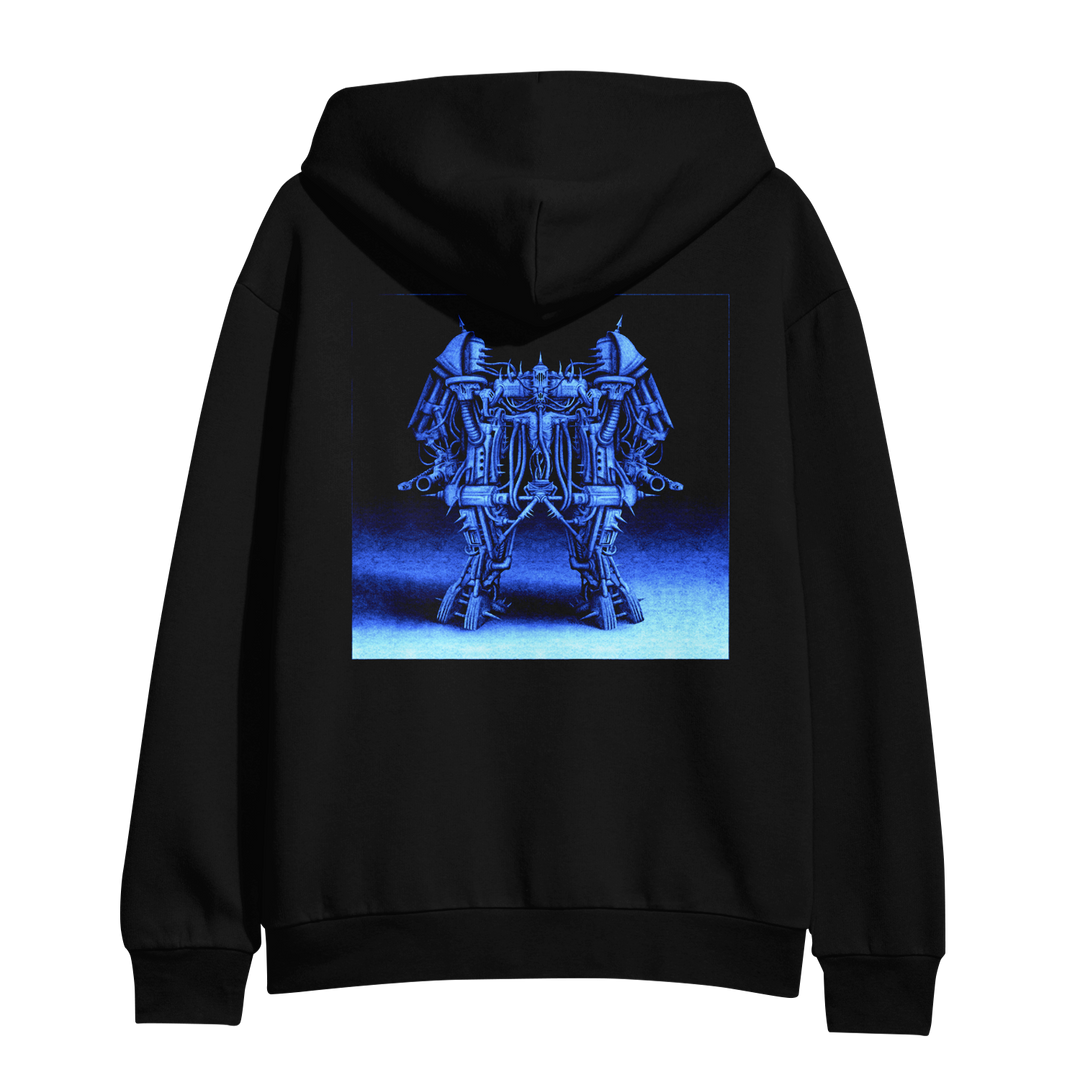 Black hoodie from Cold Steel with a blue-toned graphic on the back, featuring a symmetrical, mechanical, futuristic robot design—part of our premium midweight pullovers collection.