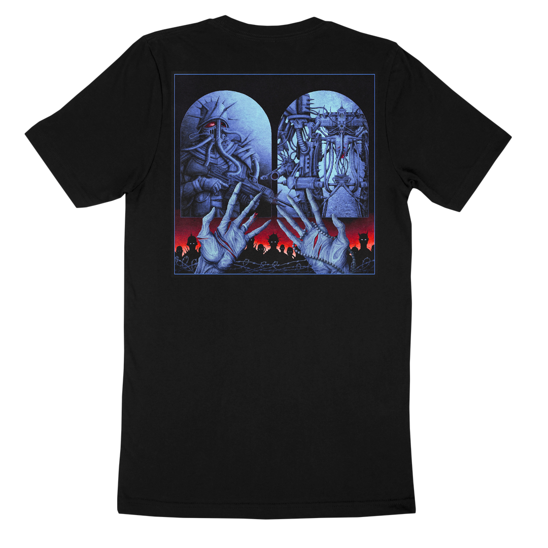 Cold Steel black t-shirt in classic fit features surreal back artwork of two large raised hands under arched windows with distorted blue-toned faces, plus a bold red gradient at the bottom. Made from soft 100% cotton for comfort and style.