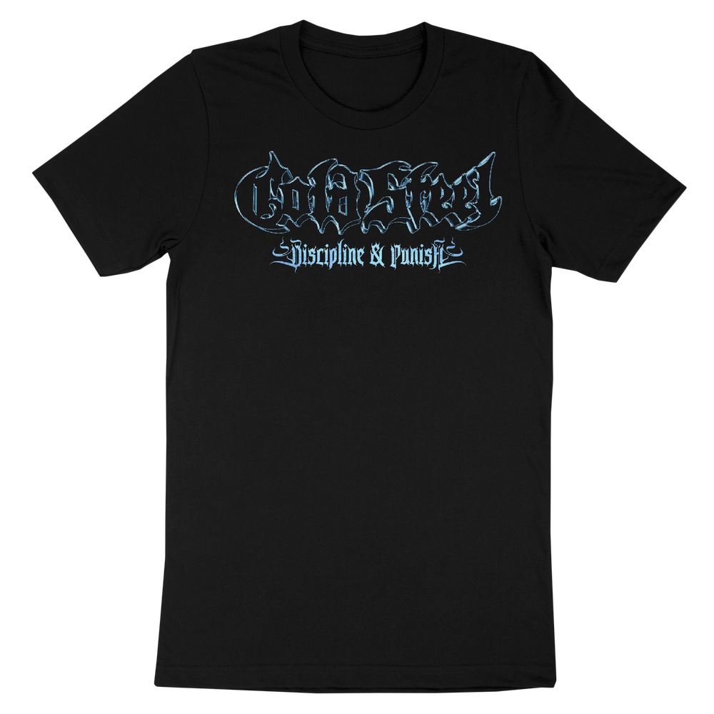 A classic fit black Cold Steel Gildan Heavy Cotton T-shirt with stylized blue Cold Steel text above smaller Discipline & Punish. Made from 100% cotton for comfort and durability.