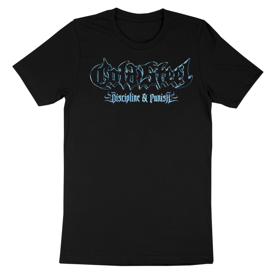 A classic fit black Cold Steel Gildan Heavy Cotton T-shirt with stylized blue Cold Steel text above smaller Discipline & Punish. Made from 100% cotton for comfort and durability.