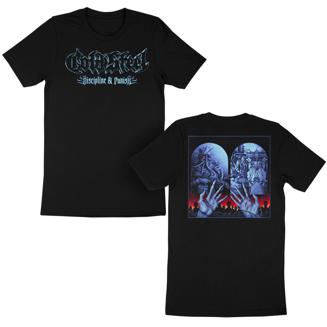 Cold Steel black t-shirt, 100% cotton, features “Discipline & Punish” in stylized text on the front and a colorful surreal illustration of hands, faces, and shadowy figures against a blue-red background on the back. Classic fit.