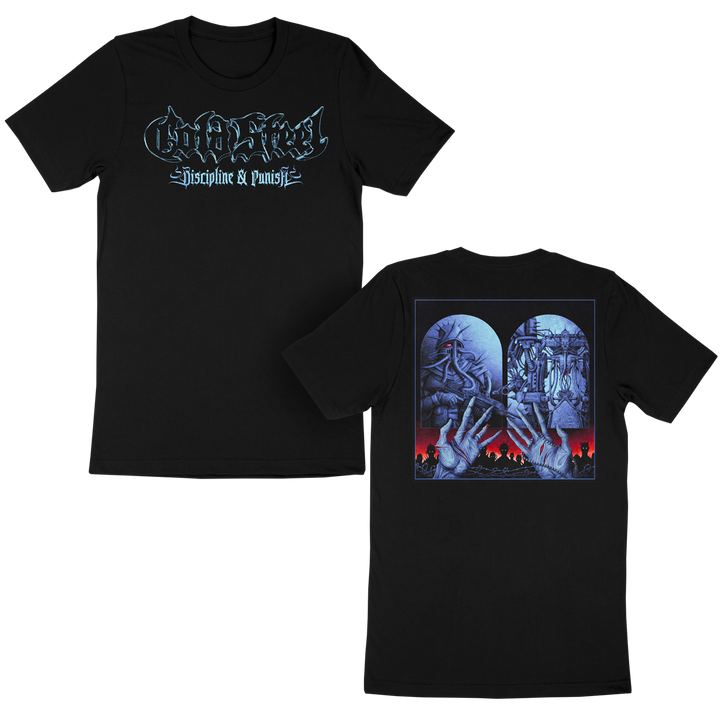Cold Steel black t-shirt, 100% cotton, features “Discipline & Punish” in stylized text on the front and a colorful surreal illustration of hands, faces, and shadowy figures against a blue-red background on the back. Classic fit.