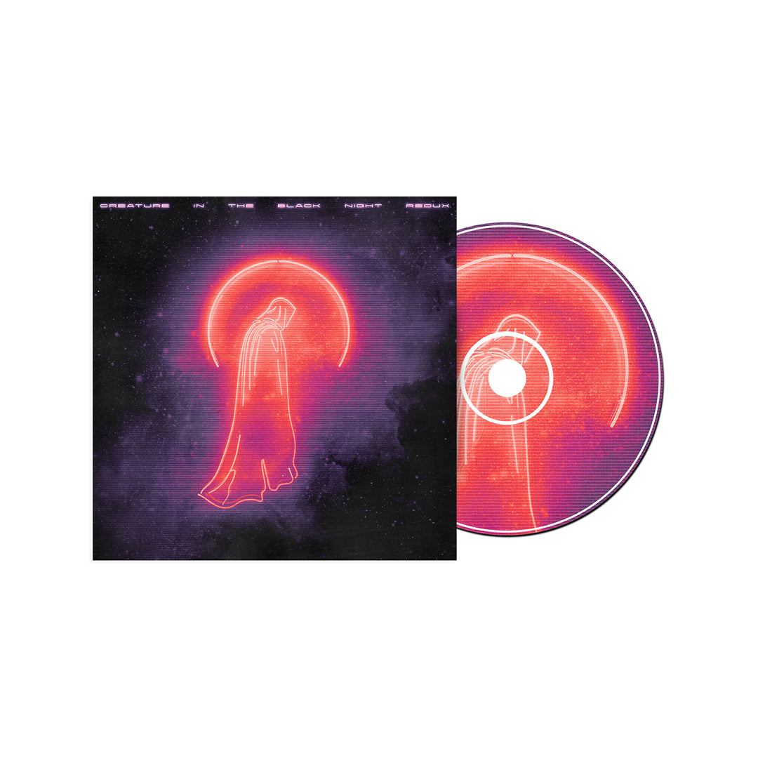 CD album cover and disc for Creature in the Black Night Redux, a Pale Moonlight remix, featuring a glowing red neon hooded figure silhouetted against a cosmic background.
