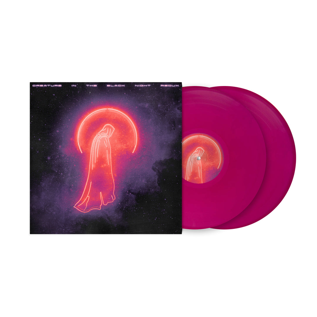 The Creature in the Black Night Redux album cover and two translucent magenta vinyl records featuring a hooded figure in front of a glowing red sun, echoing the synthwave aesthetic of The Midnight.