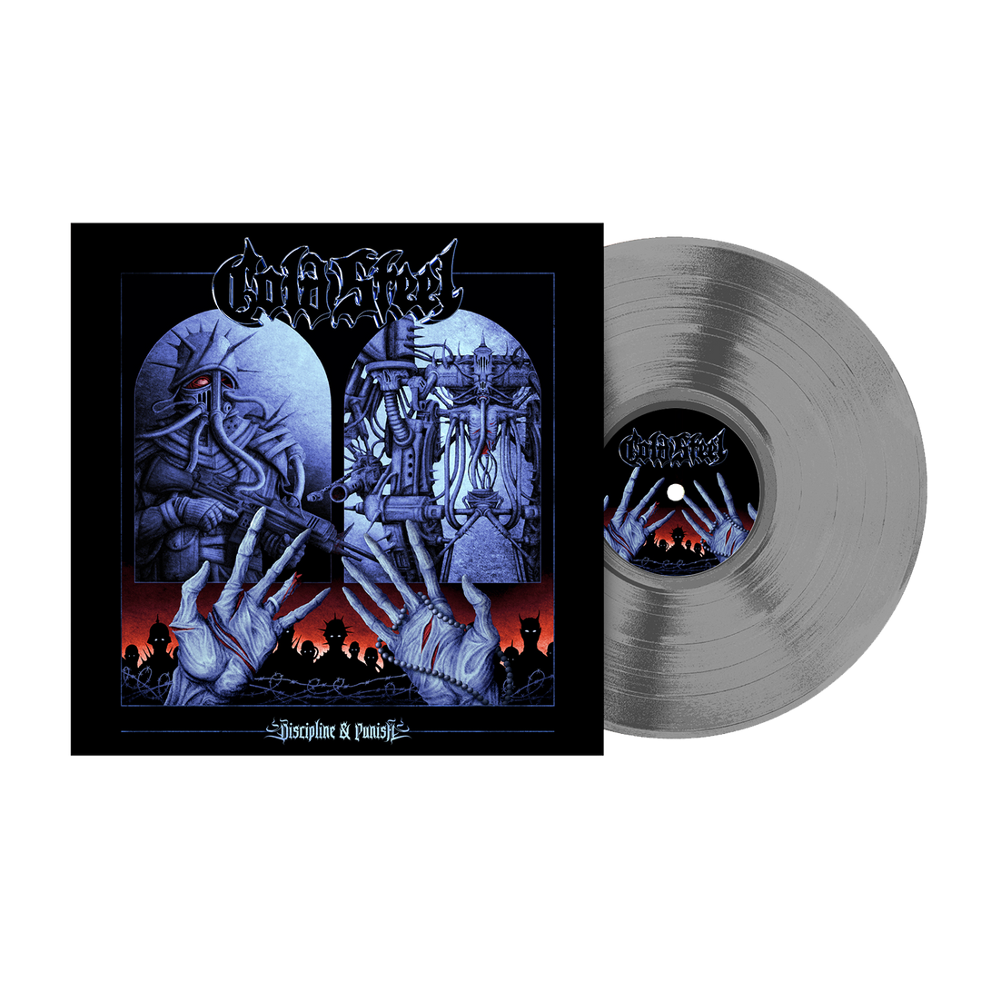 A silver vinyl limited edition record by Cold Steel with an album cover showing robotic and skeletal figures in arched windows, blue and red tones, stylized hands below, the title “Discipline & Punish,” and a No Escape tracklist.