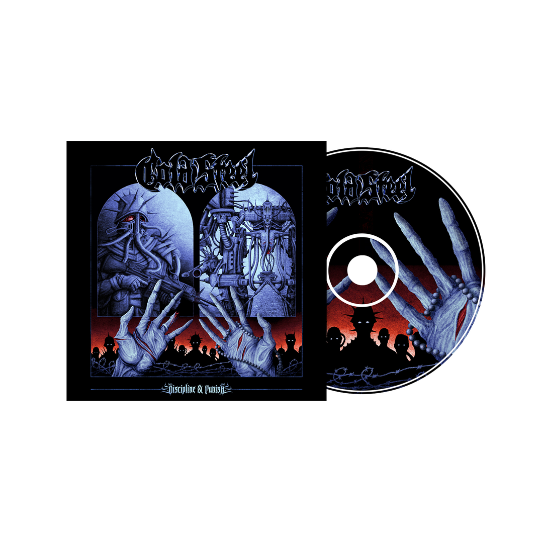 Cold Steel’s metal album “Obscura & Punish” features a CD and cover with skeletal hands and dark blue, surreal artwork of shadowy figures. Includes tracklist highlight “No Escape.” Release date: 11/7/25.