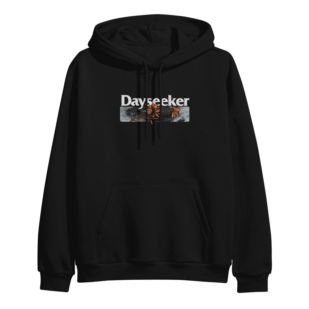 A black Dayseeker hoodie with front pocket and drawstrings, featuring Dayseeker in white above a bold rectangular graphic of red palm trees and a blue sky, evoking a headstone silhouette.