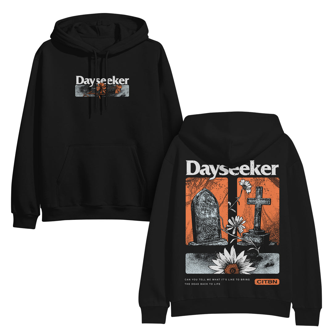 Black hoodie with 'Dayseeker' graphic design on front and back, featuring a tombstone and cross illustration.