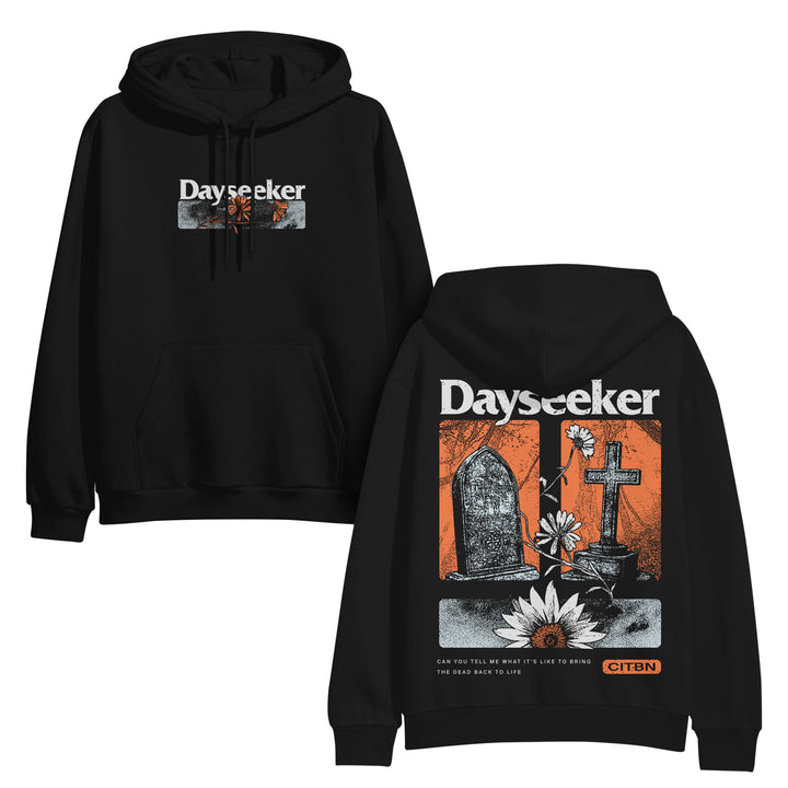 Black hoodie with 'Dayseeker' graphic design on front and back, featuring a tombstone and cross illustration.