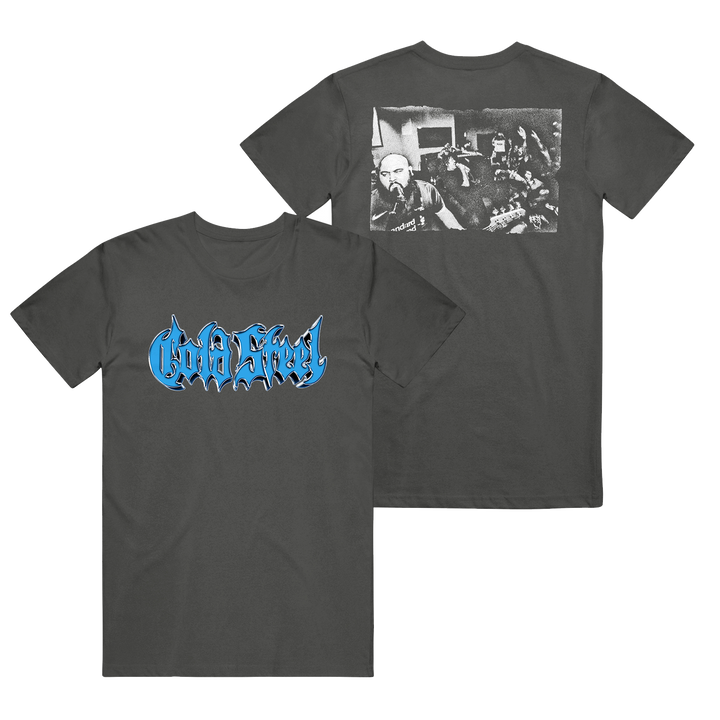 A black Cold Steel Comfort Colors tee with a blue gothic-style logo on the front and a black-and-white hardcore show photo with crowd on the back.