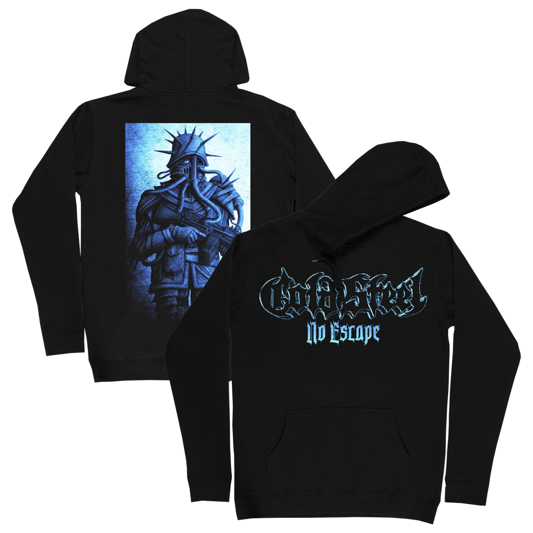 Cold Steel black cotton fleece pullover hoodie featuring a blue gas-masked armored figure on the back and Cold Steel with No Escape in metallic jagged font on the front. Stand out in this unique, bold design.