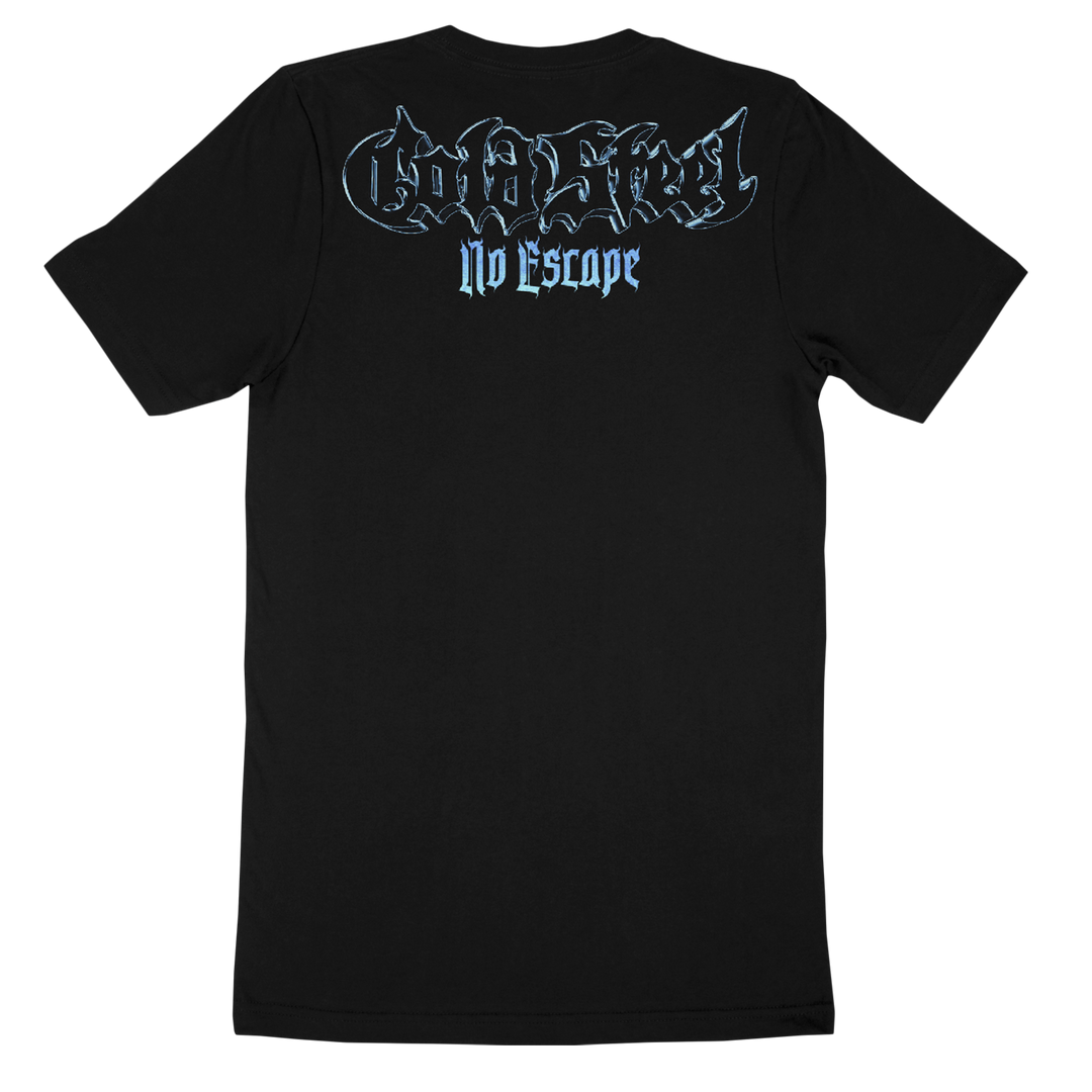 Cold Steel classic-fit black t-shirt, made from 100% Gildan Heavy Cotton. Blue gothic text on the back reads “Cold Steel” above “No Escape”. Shirt shown laid flat on a white background.