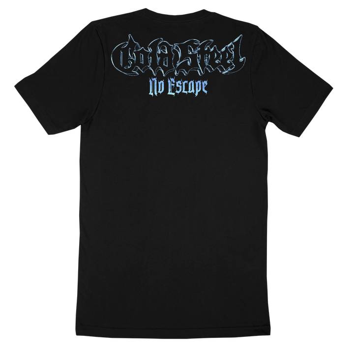 Cold Steel classic-fit black t-shirt, made from 100% Gildan Heavy Cotton. Blue gothic text on the back reads “Cold Steel” above “No Escape”. Shirt shown laid flat on a white background.