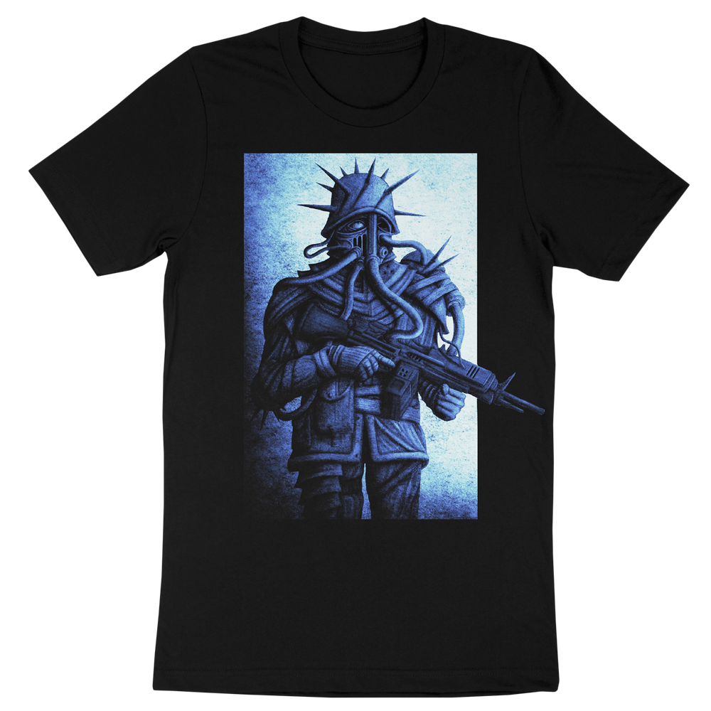 A black Cold Steel Gildan Heavy Cotton T-shirt with a humanoid figure in a spiked helmet, tentacled face, and rifle on a blue textured background. Enjoy the classic fit and comfort of 100% cotton.