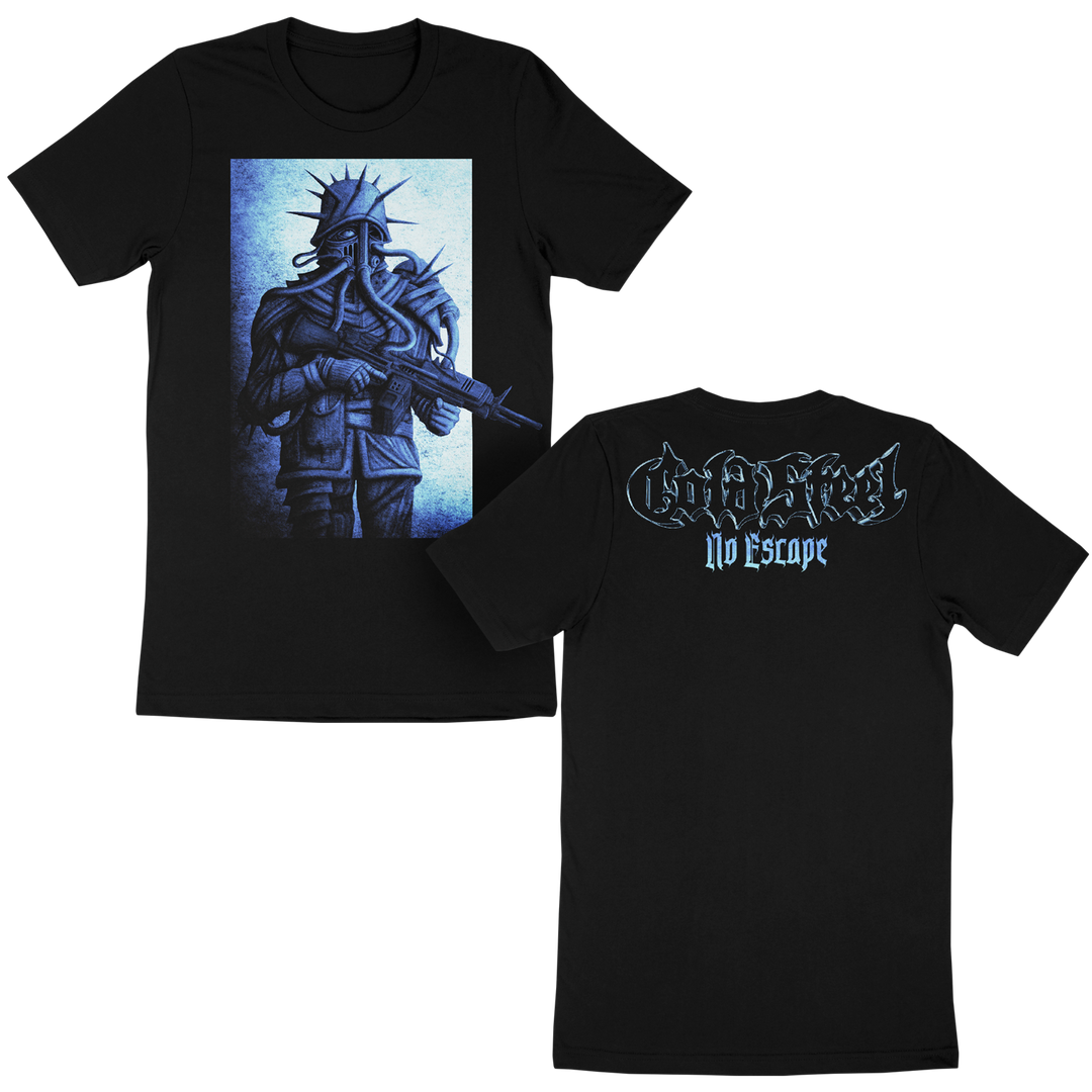 Cold Steel black t-shirt made from 100% cotton features a blue-toned graphic of a masked, armed figure like the Statue of Liberty. Classic fit with stylized “Gatecreeper NO ESCAPE” text in white and blue on the back.