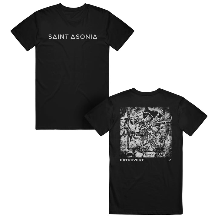 Saint Asonia black t-shirt, classic fit, made from 100% cotton Gildan Heavy Cotton. Front displays the bands name; back features a detailed graphic with EXTROVERT text and triangle symbol.