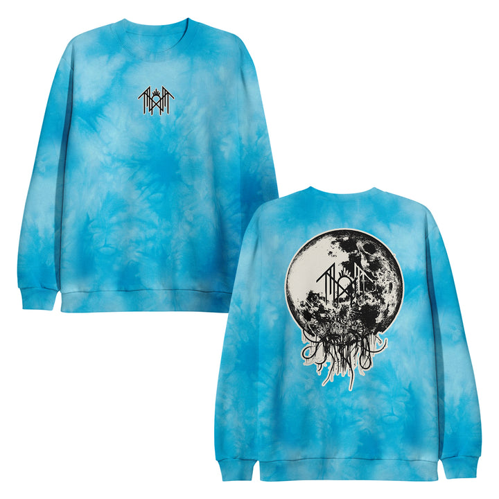 Two blue tie-dye crewnecks by Sleep Token feature a small black and white logo on the chest and a large moon graphic with tree-like roots and logo on the back, all crafted from soft ring-spun cotton for comfort.