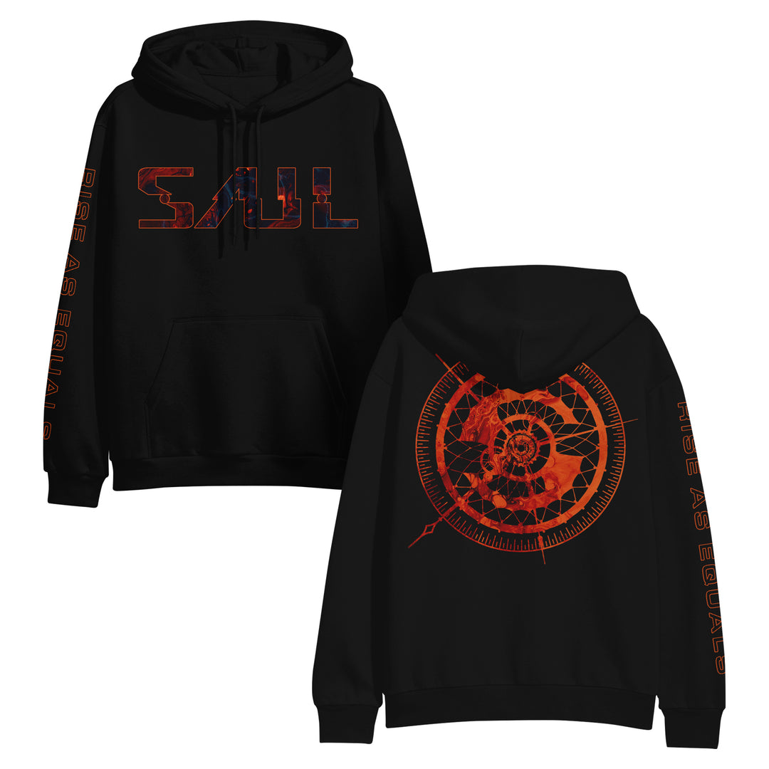 Saul black hoodie featuring SAUL in red geometric letters on the front, RISE AS EQUALS text on both sleeves, and a bold red spiral geometric design on the back.