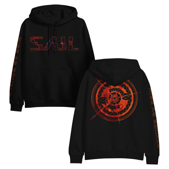 Saul black hoodie featuring SAUL in red geometric letters on the front, RISE AS EQUALS text on both sleeves, and a bold red spiral geometric design on the back.