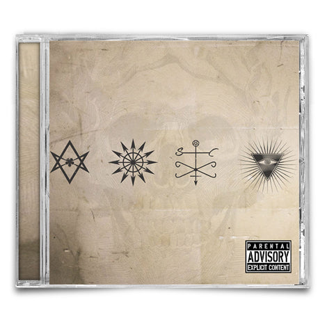 Santa Cruz CD case with a beige cover displays four black mystical symbols—like a star and an eye in a triangle—in a row, plus a Parental Advisory Explicit Content label at the bottom right corner.