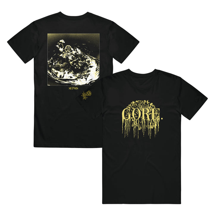 Gore. black t-shirt with yellow accents; front shows GORE. under dripping, floral-like designs, while the back has an abstract splash graphic with SINS beneath.