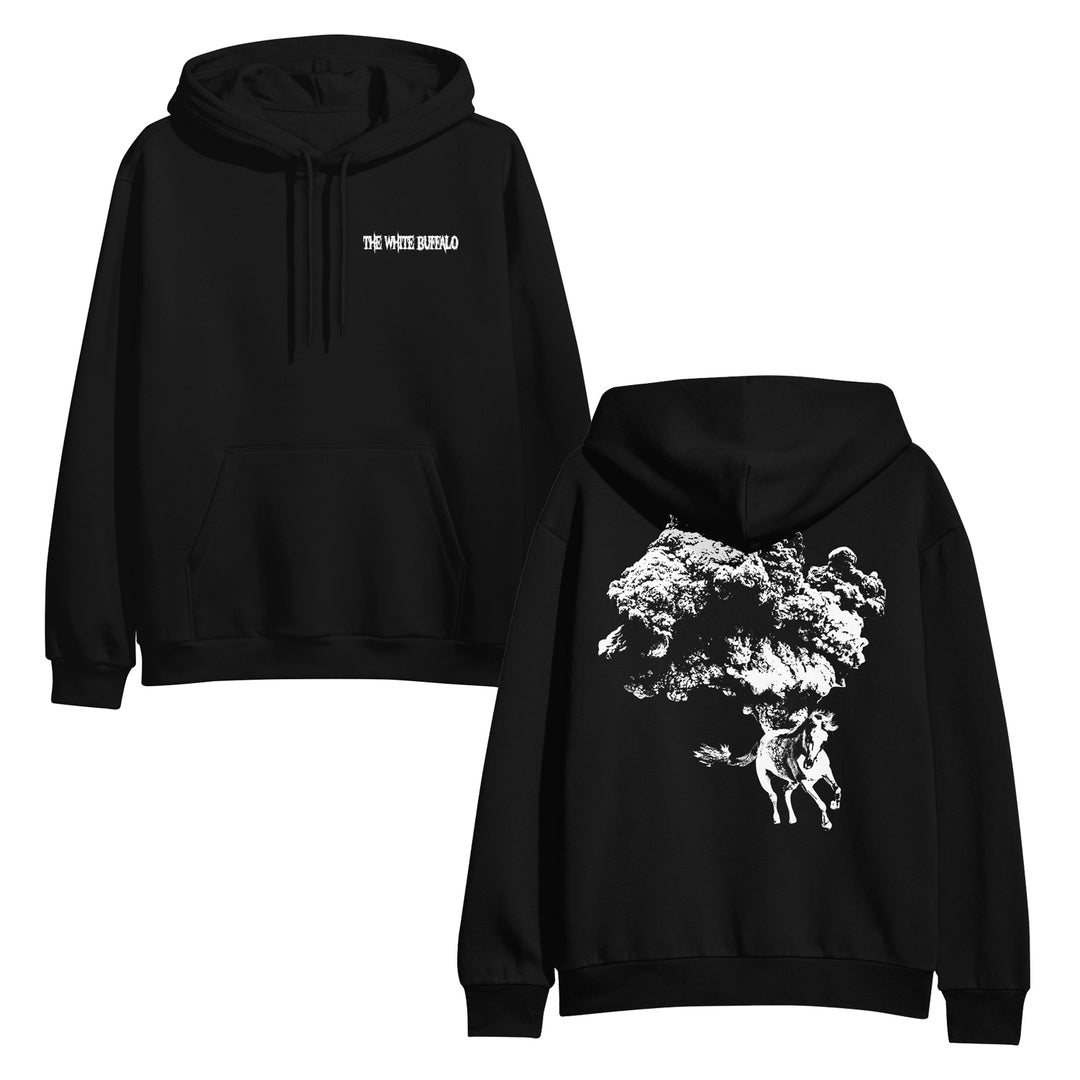 Classic fit black pullover hoodie by The White Buffalo, featuring their logo on the left chest and a striking large white buffalo above a running horse with clouds graphic on the back.