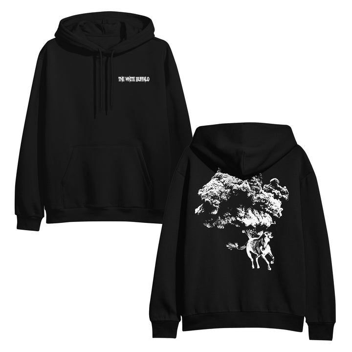 Classic fit black pullover hoodie by The White Buffalo, featuring their logo on the left chest and a striking large white buffalo above a running horse with clouds graphic on the back.